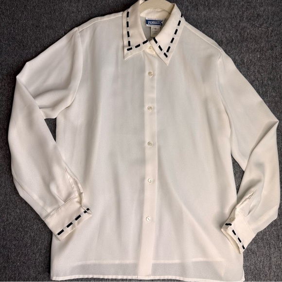 Pendleton Contrast Trim White Blouse / Vtg 90s / White and Black Career Sz 12 - Picture 1 of 12